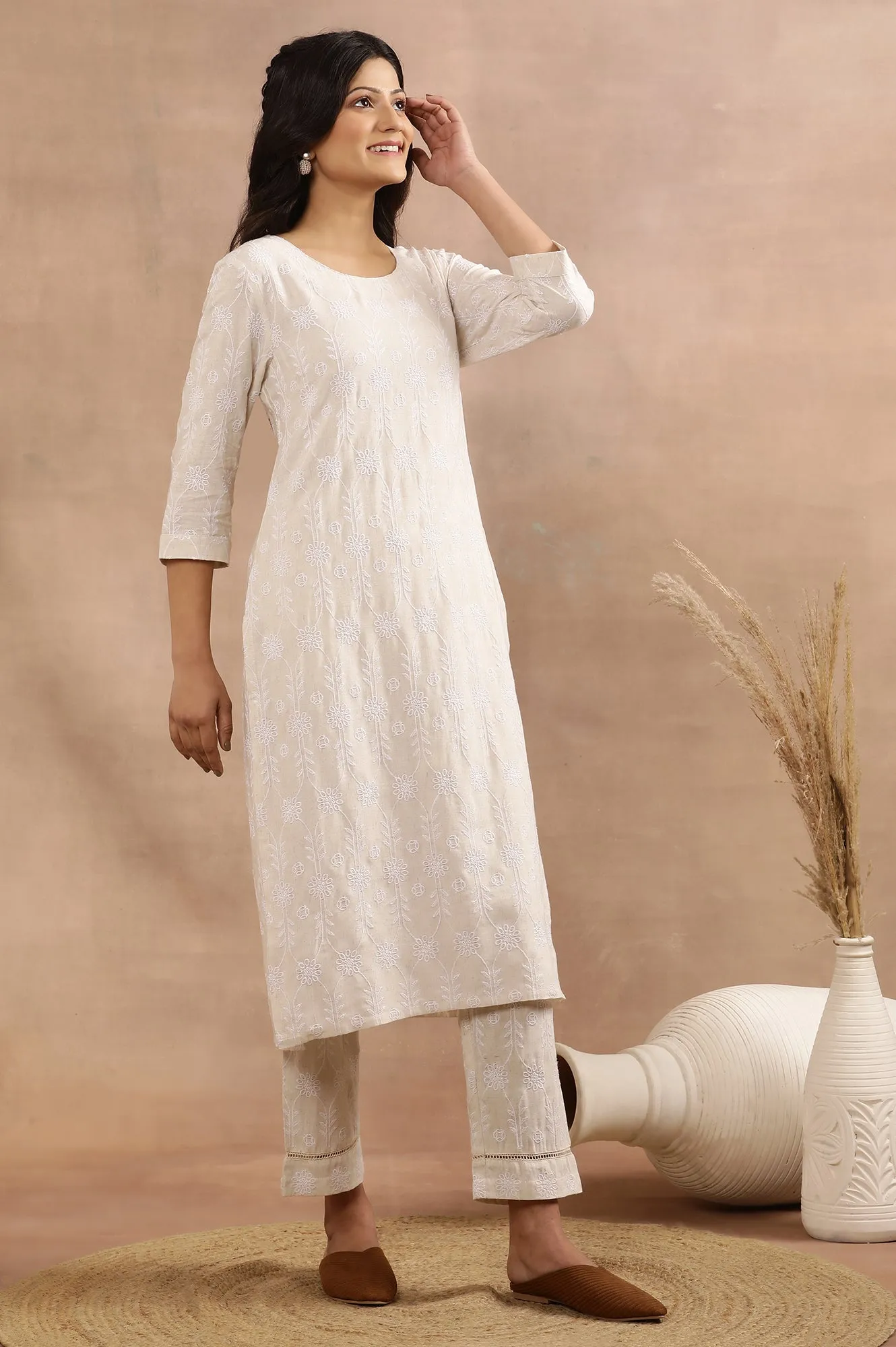 Beige Floral Embroidered Cotton Kurta And Pants Set