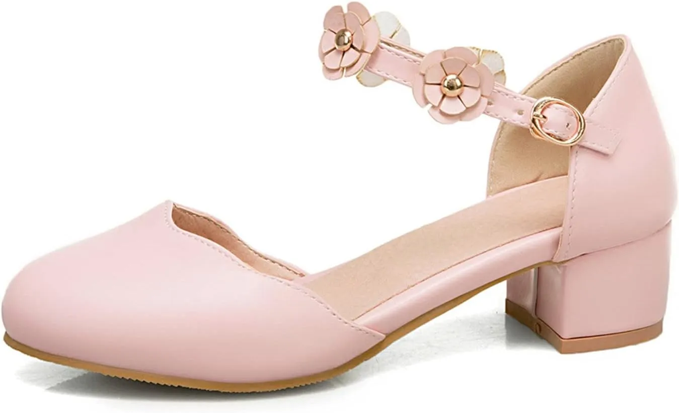 Big Kids Girls Mary Jane Dress Shoes Pumps Heels Flower High School Prom Shoes Kids Closed Toe Sandals for Girls