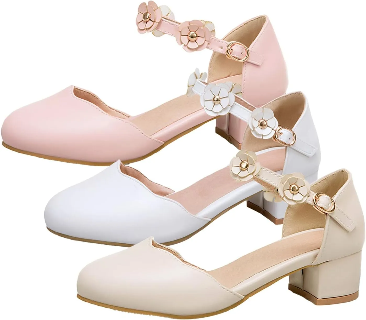Big Kids Girls Mary Jane Dress Shoes Pumps Heels Flower High School Prom Shoes Kids Closed Toe Sandals for Girls