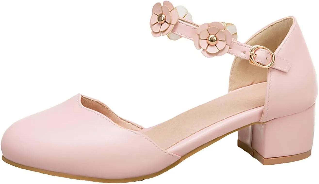 Big Kids Girls Mary Jane Dress Shoes Pumps Heels Flower High School Prom Shoes Kids Closed Toe Sandals for Girls
