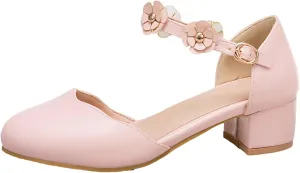 Big Kids Girls Mary Jane Dress Shoes Pumps Heels Flower High School Prom Shoes Kids Closed Toe Sandals for Girls