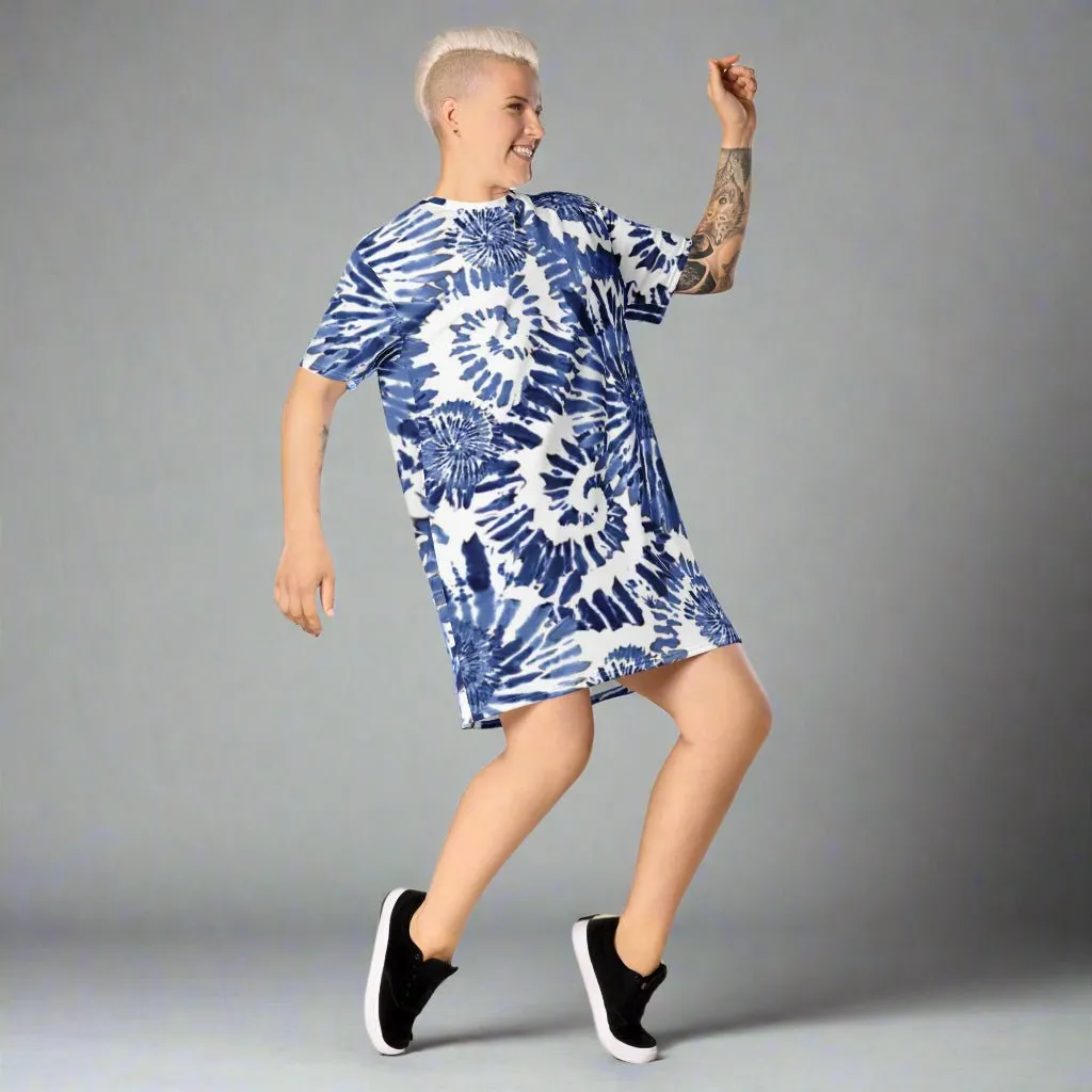 Blue Tie-Dye Oversized T-Shirt Dress 2XS-6XL