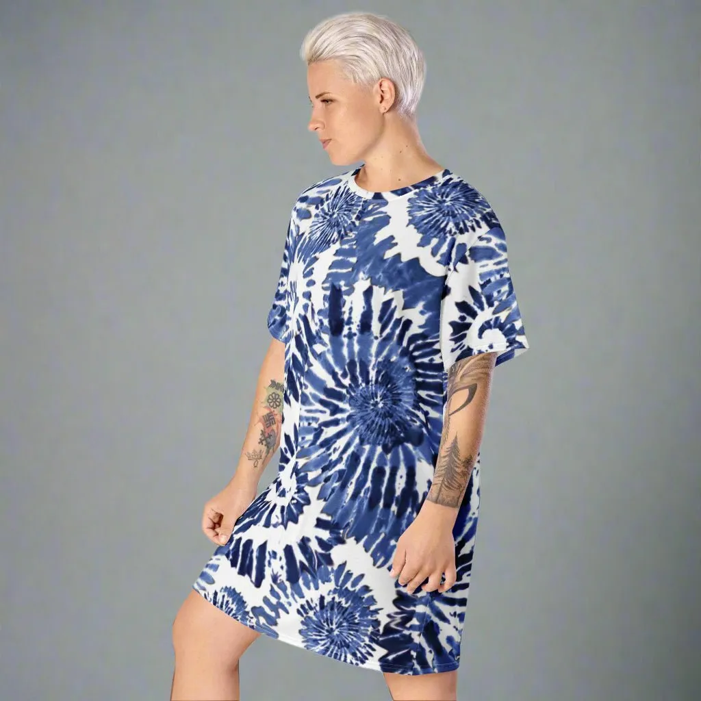 Blue Tie-Dye Oversized T-Shirt Dress 2XS-6XL
