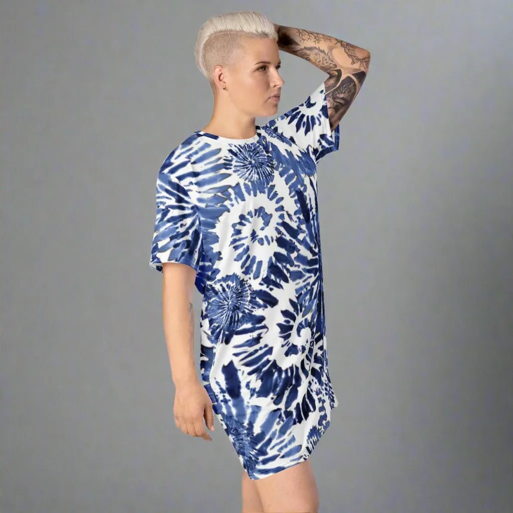 Blue Tie-Dye Oversized T-Shirt Dress 2XS-6XL