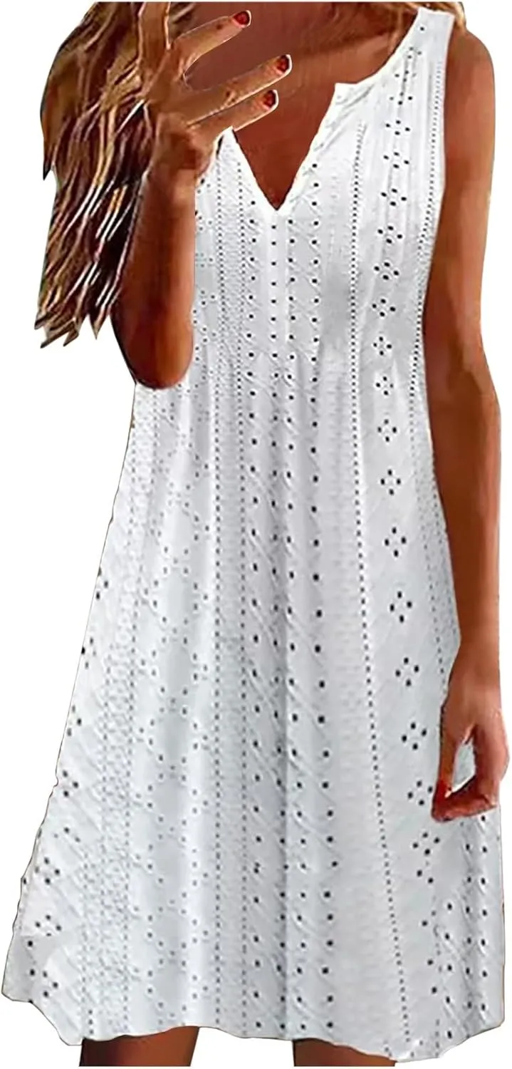 Boho Spring Dress for Women, Elegant V Neck Lace Midi Dress Hollow Out Sleeveless Plus Size Shirts Tank Dresses S-5Xl Pink