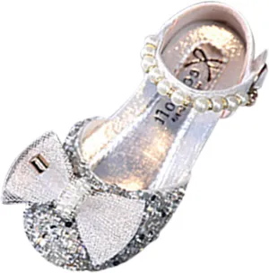Bowknot Rhinestone Dress Up Sandals for Girls, Princess Pearl Buckle Ankle Strap Mary Jane Performance Dance Shoes