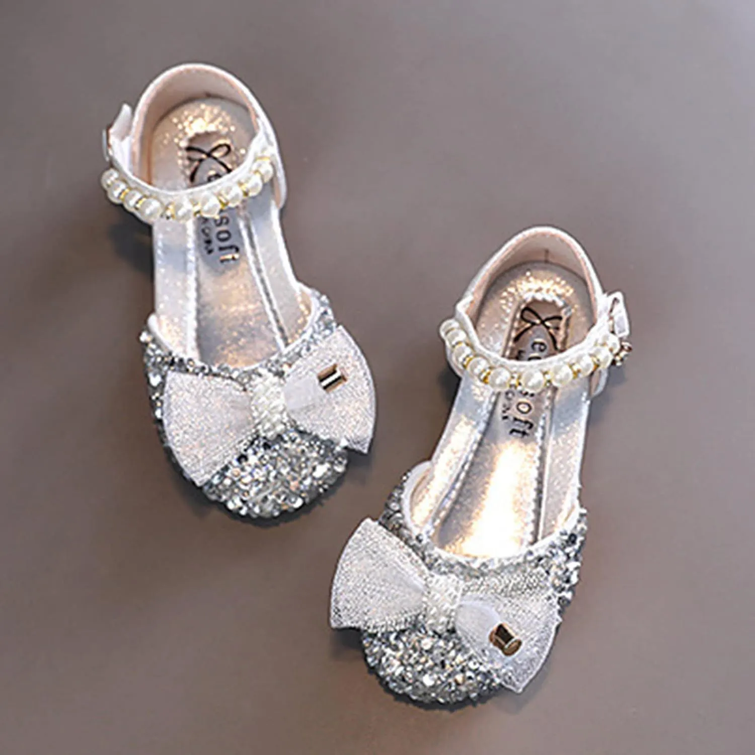 Bowknot Rhinestone Dress Up Sandals for Girls, Princess Pearl Buckle Ankle Strap Mary Jane Performance Dance Shoes