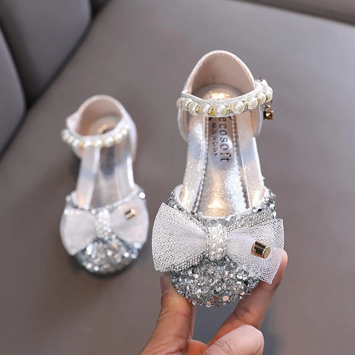 Bowknot Rhinestone Dress Up Sandals for Girls, Princess Pearl Buckle Ankle Strap Mary Jane Performance Dance Shoes