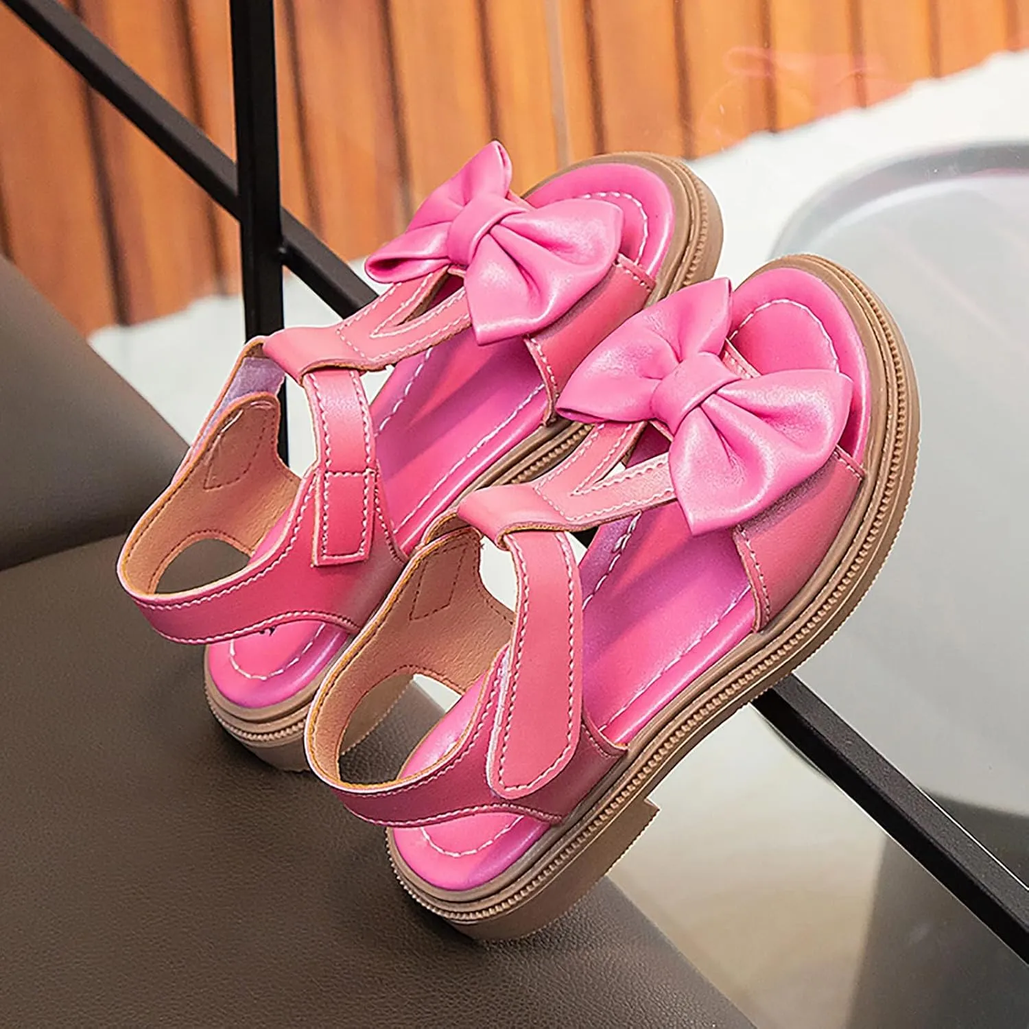 Bowknot Sandals for Girls T Strap Open Toe Flat Evening Dress Shoes Kids Soft Rubber Sole Birthday Party Shoes