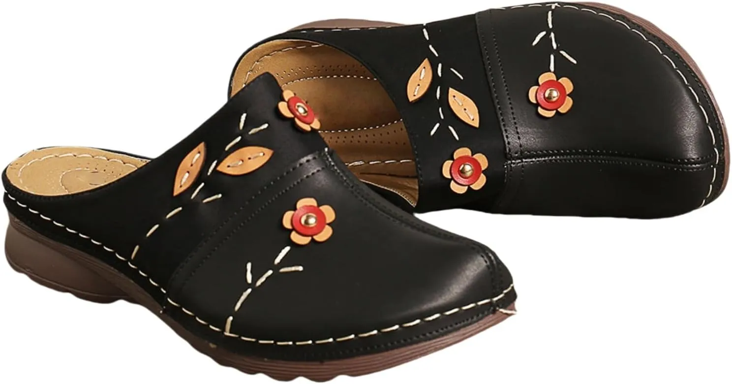 Canbebig Mules for Women Summer Leather Slippers Slip On Mule Clogs Flowers Wedge Sandals Antil Slip Beach Comfortable Sandals Summer Backless Shoes
