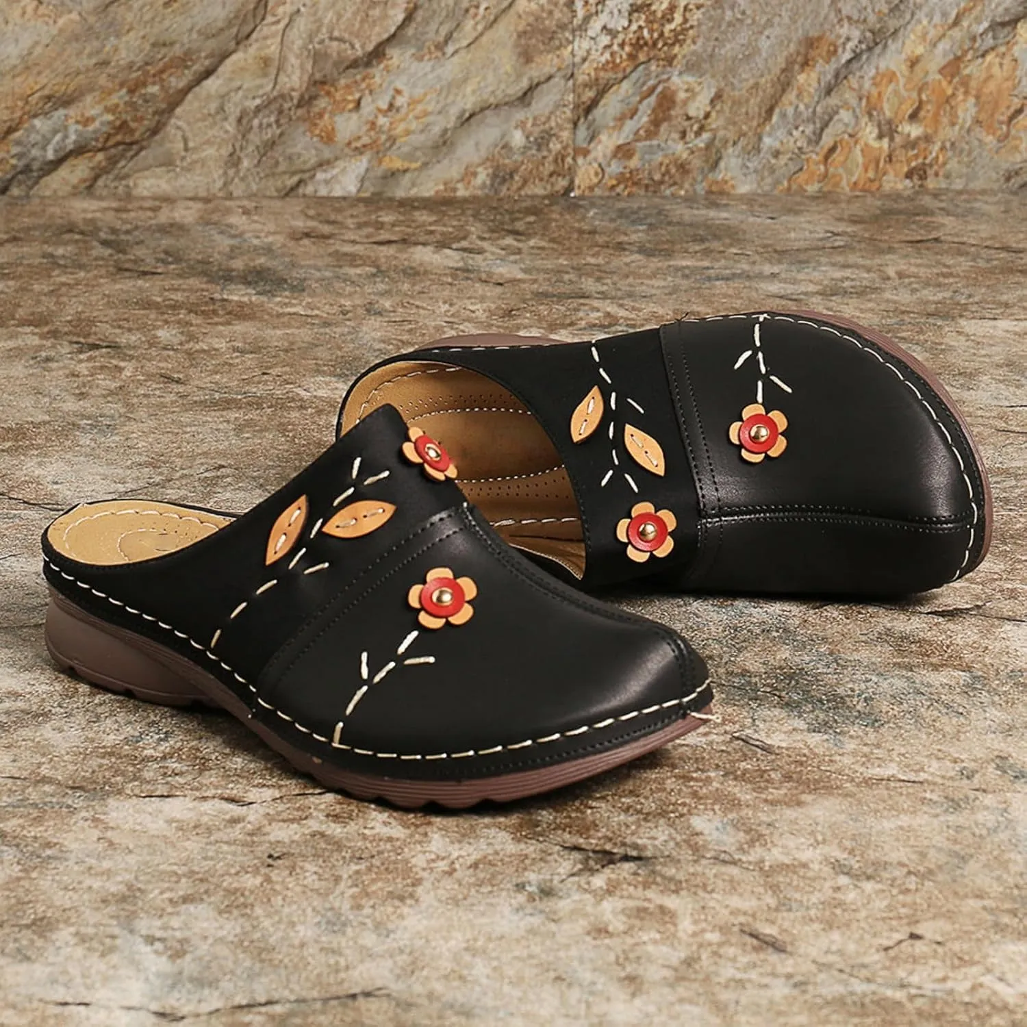 Canbebig Mules for Women Summer Leather Slippers Slip On Mule Clogs Flowers Wedge Sandals Antil Slip Beach Comfortable Sandals Summer Backless Shoes