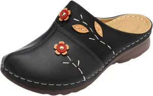 Canbebig Mules for Women Summer Leather Slippers Slip On Mule Clogs Flowers Wedge Sandals Antil Slip Beach Comfortable Sandals Summer Backless Shoes