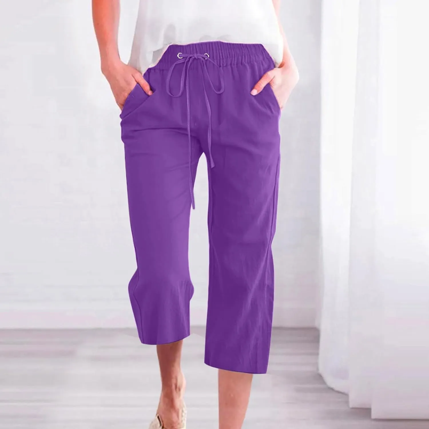 Capri Pants for Women Linen Casual High Waist Pant 2025 Summer Wide Leg Drawstring Elastic Plus Size Lounge Trouser