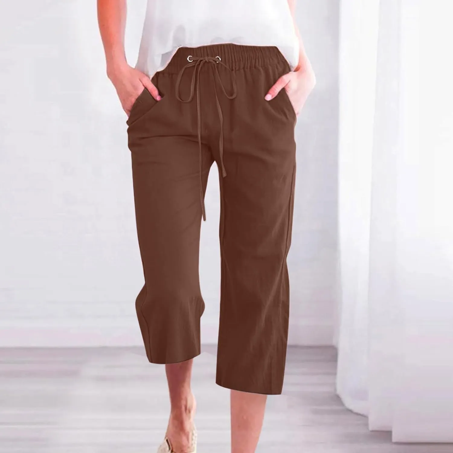 Capri Pants for Women Linen Casual High Waist Pant 2025 Summer Wide Leg Drawstring Elastic Plus Size Lounge Trouser