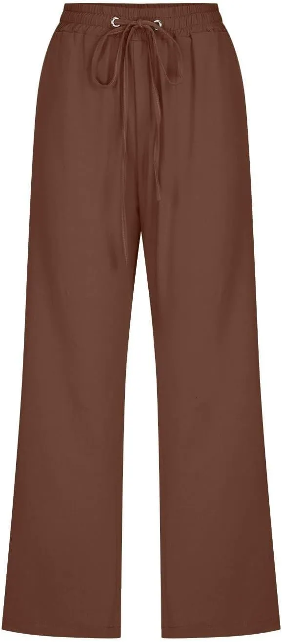 Capri Pants for Women Linen Casual High Waist Pant 2025 Summer Wide Leg Drawstring Elastic Plus Size Lounge Trouser