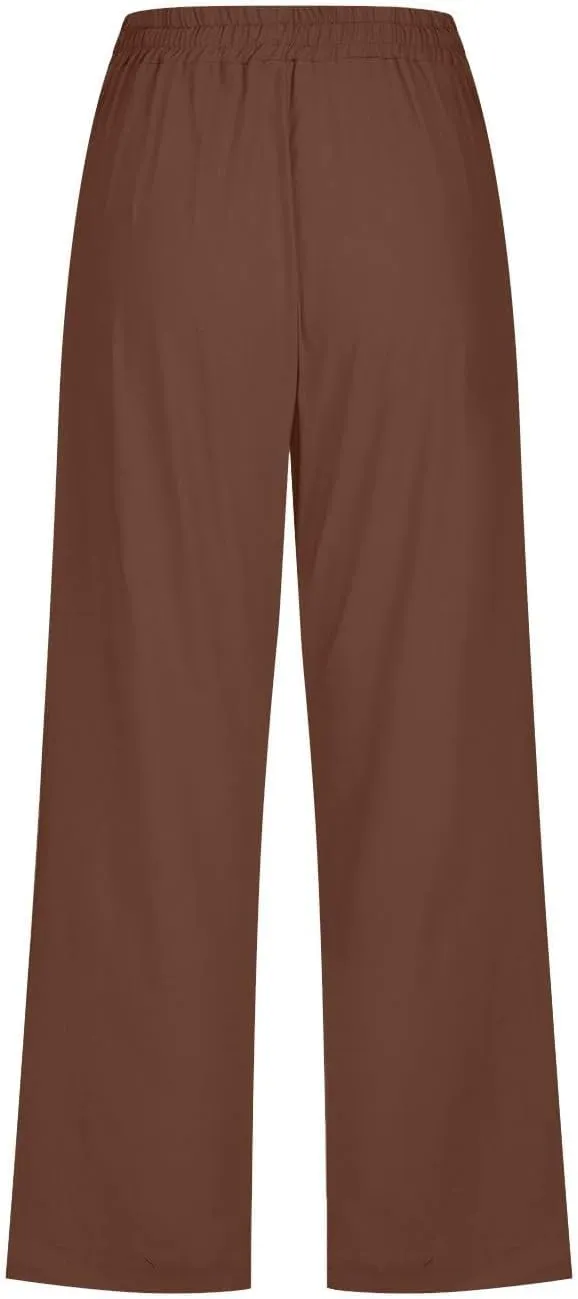 Capri Pants for Women Linen Casual High Waist Pant 2025 Summer Wide Leg Drawstring Elastic Plus Size Lounge Trouser