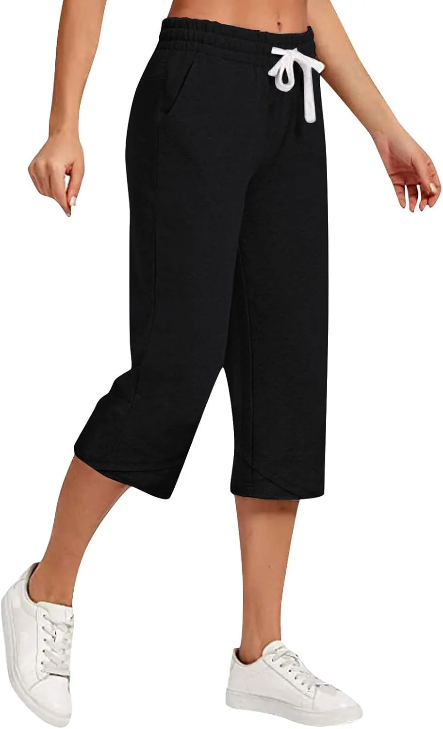 Capri Pants for Womens Summer Linen High Waisted Drawstring Wide Leg Capris Lightweight Elastic Casual Trousers
