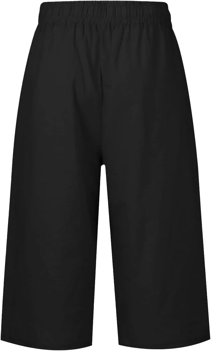 Capri Pants for Womens Summer Linen High Waisted Drawstring Wide Leg Capris Lightweight Elastic Casual Trousers