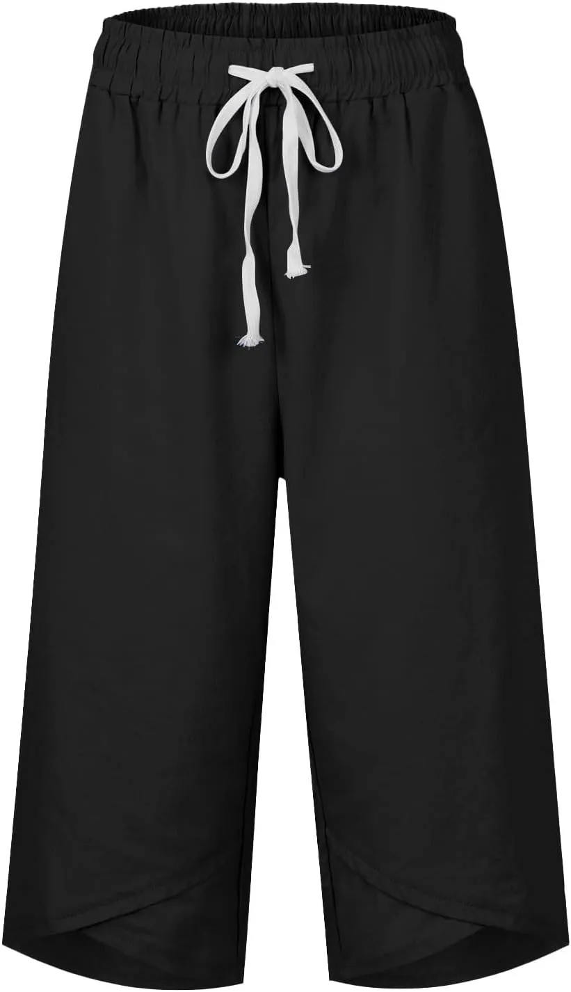 Capri Pants for Womens Summer Linen High Waisted Drawstring Wide Leg Capris Lightweight Elastic Casual Trousers