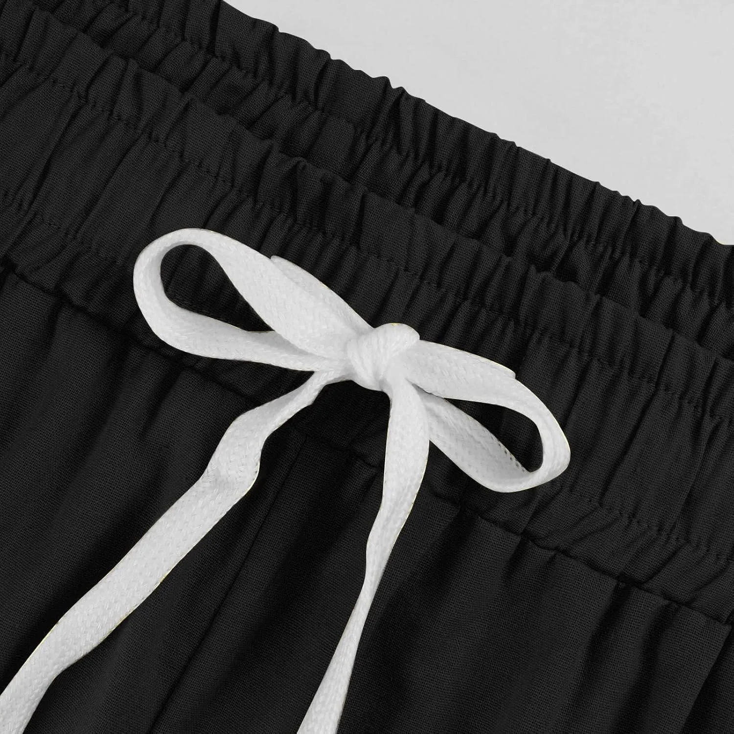 Capri Pants for Womens Summer Linen High Waisted Drawstring Wide Leg Capris Lightweight Elastic Casual Trousers