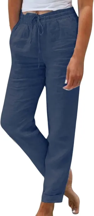 Casual Capri Pants for Women Cotton Linen Harem Solid Simple Loose Fit High Waisted Baggy Trousers Summer Vacation