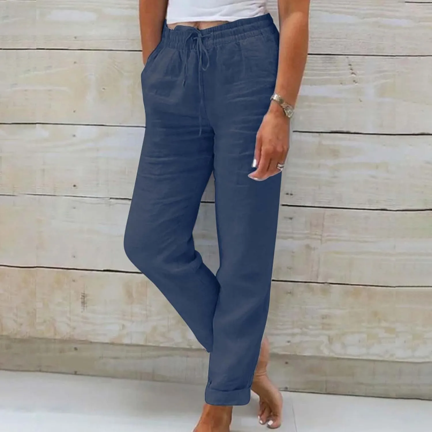 Casual Capri Pants for Women Cotton Linen Harem Solid Simple Loose Fit High Waisted Baggy Trousers Summer Vacation