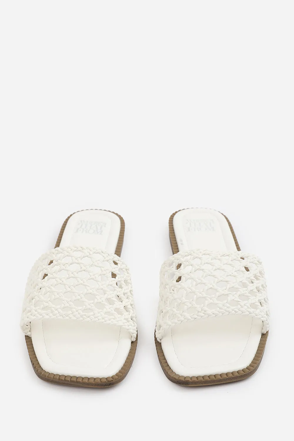 CHELSEA WOVEN STRAP DETAIL FLAT SANDALS IN WHITE FAUX LEATHER