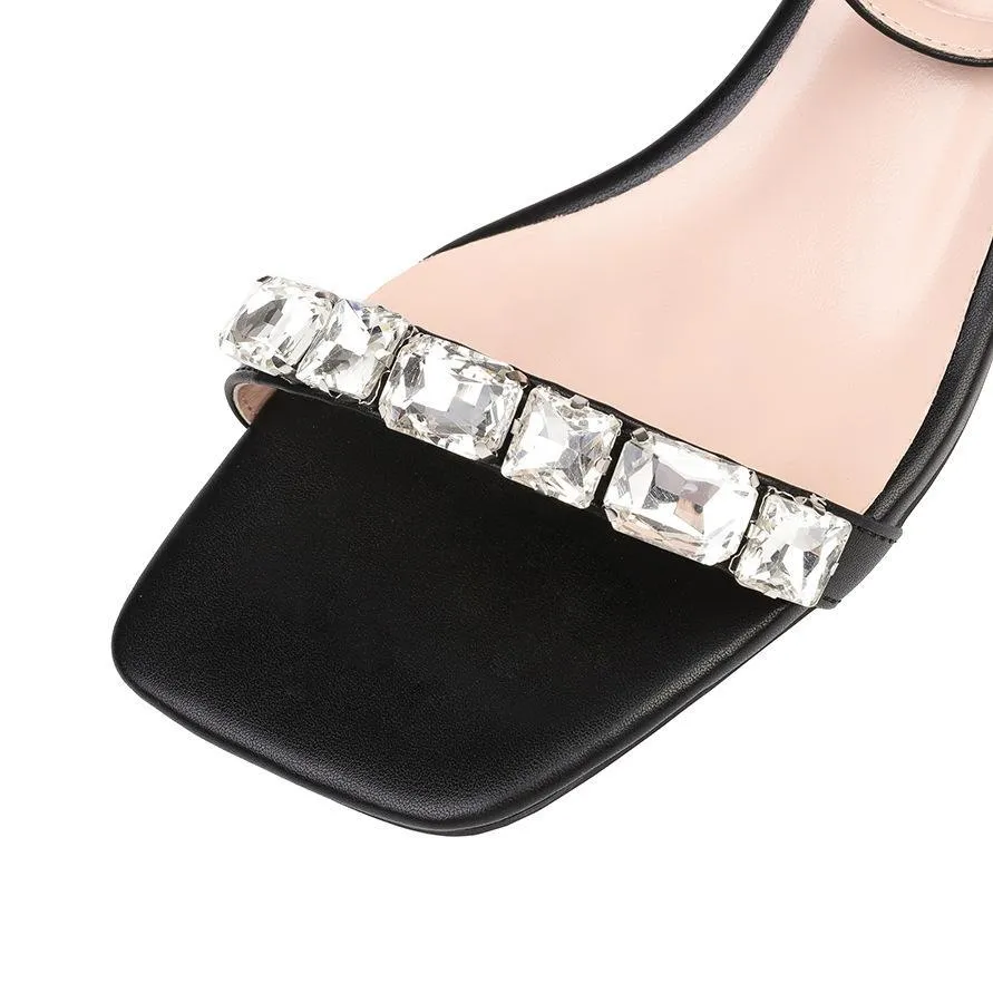 Chicvane Rhinestone Ankle Strap Buckle Closure Open Toe Chunky Heel Sandals Bridal Shoes