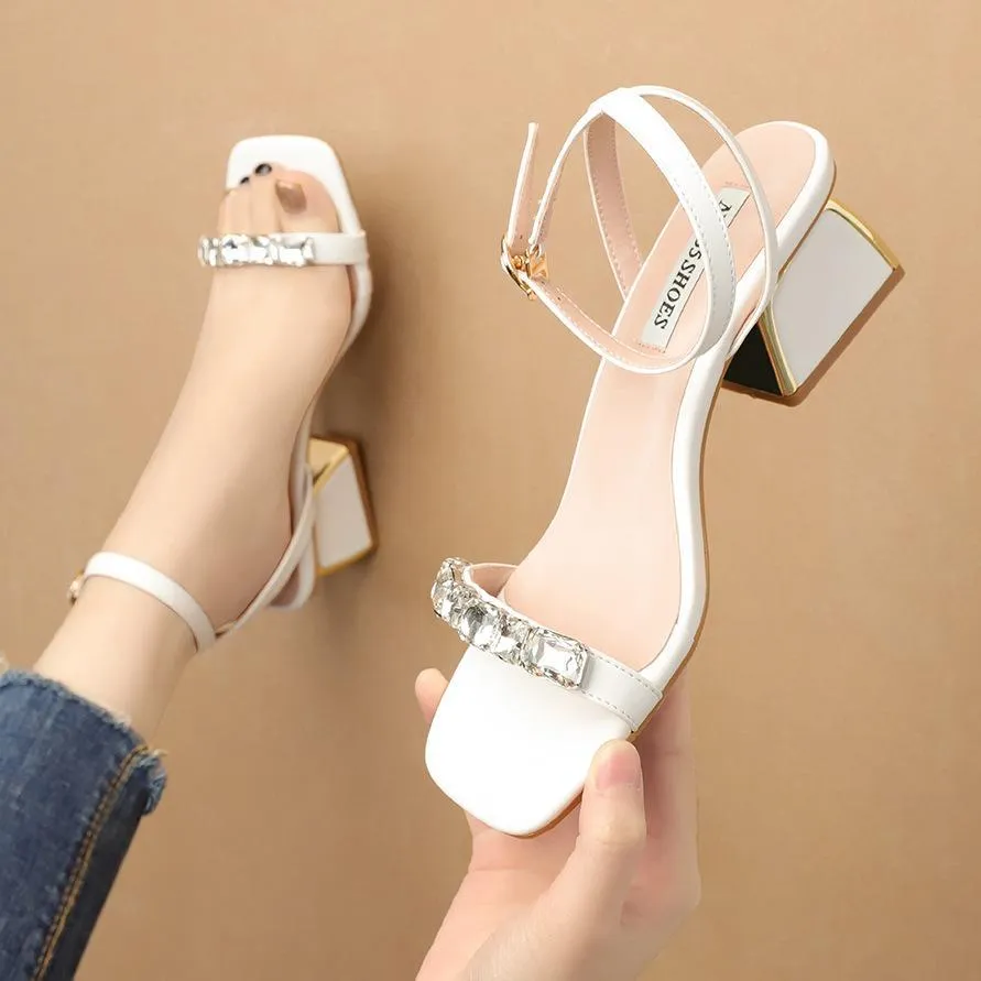 Chicvane Rhinestone Ankle Strap Buckle Closure Open Toe Chunky Heel Sandals Bridal Shoes