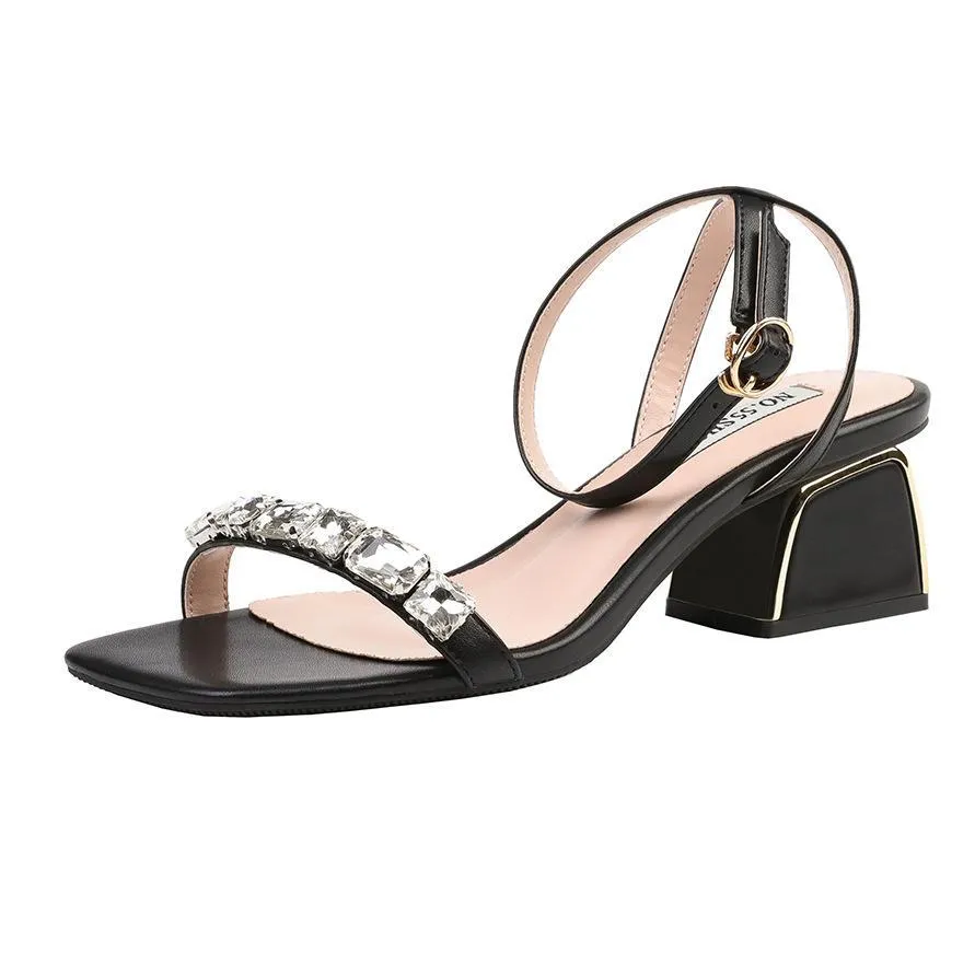 Chicvane Rhinestone Ankle Strap Buckle Closure Open Toe Chunky Heel Sandals Bridal Shoes