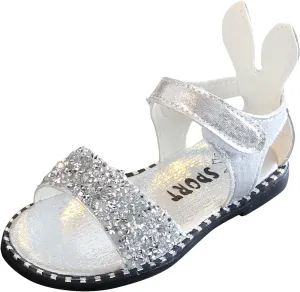 Chips Rhinestones Sequins Flat Sandals for Girls Soft Sole Non-Slip Open Toe Adjustable Strap Ballet School Shoes