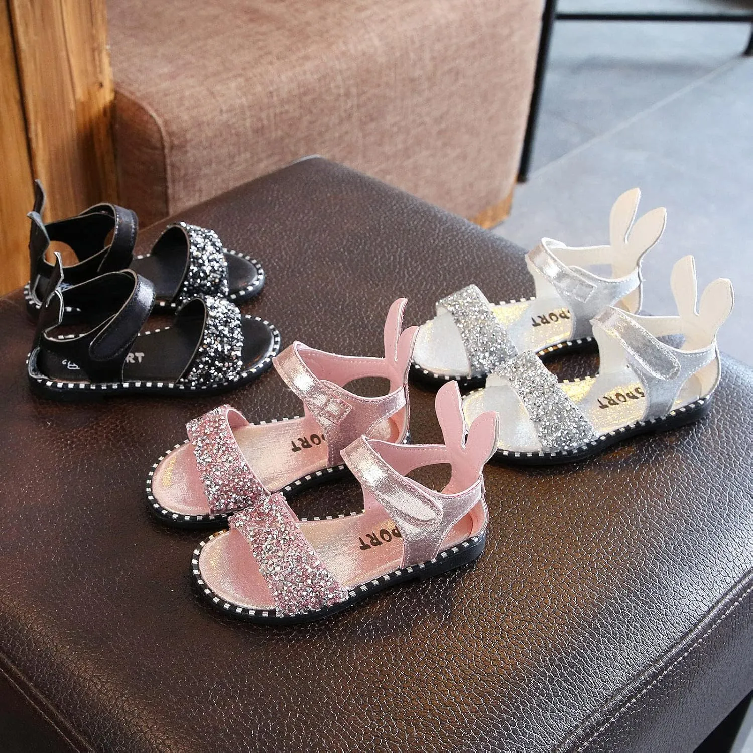 Chips Rhinestones Sequins Flat Sandals for Girls Soft Sole Non-Slip Open Toe Adjustable Strap Ballet School Shoes