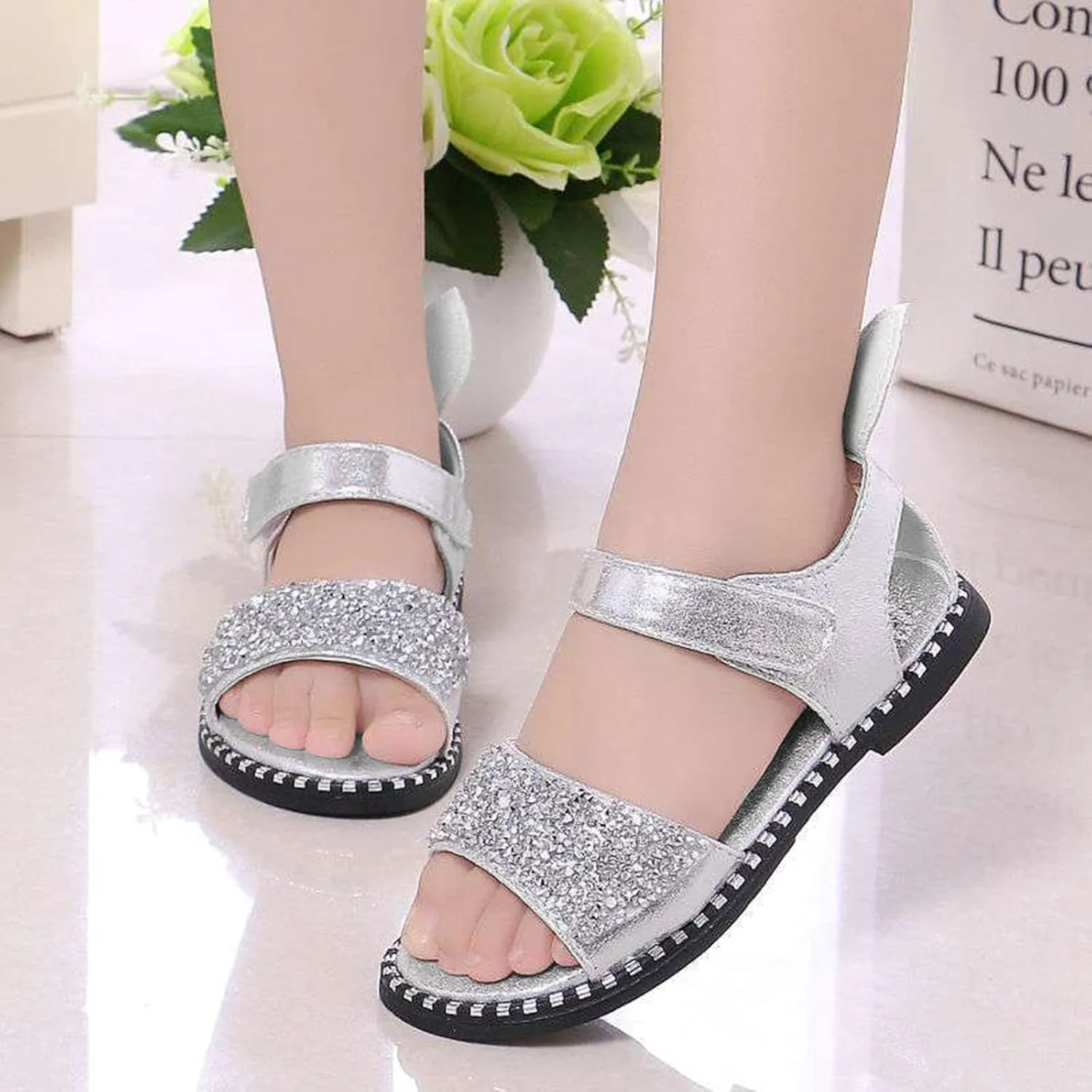 Chips Rhinestones Sequins Flat Sandals for Girls Soft Sole Non-Slip Open Toe Adjustable Strap Ballet School Shoes
