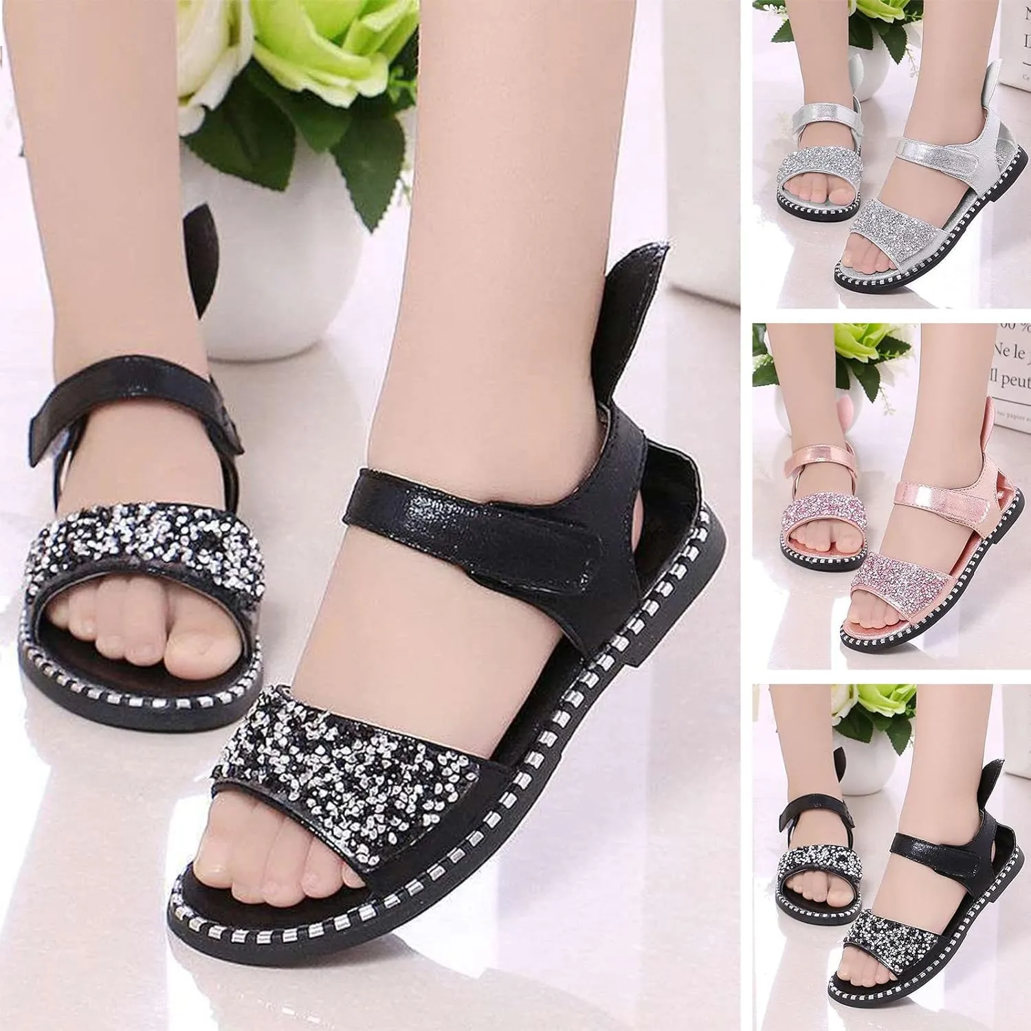 Chips Rhinestones Sequins Flat Sandals for Girls Soft Sole Non-Slip Open Toe Adjustable Strap Ballet School Shoes