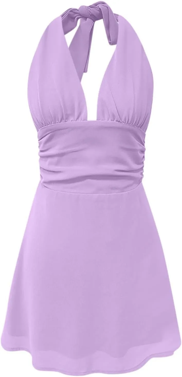 Dresses for Women Swing Deep V Mini Dress Bow Tie Sleeveless Backless Ruched Flowy Wrap Ruffle Hem Summer Dress