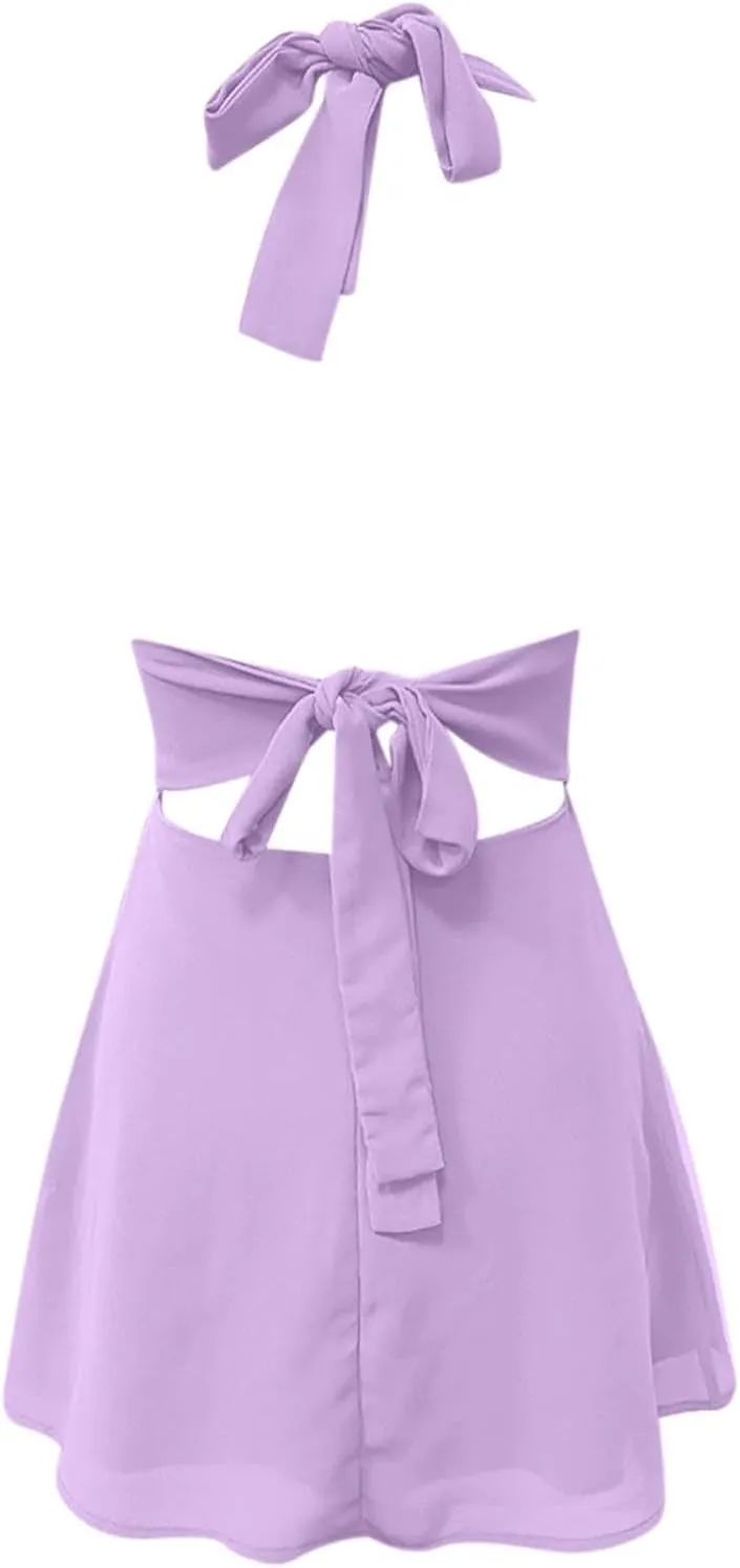 Dresses for Women Swing Deep V Mini Dress Bow Tie Sleeveless Backless Ruched Flowy Wrap Ruffle Hem Summer Dress