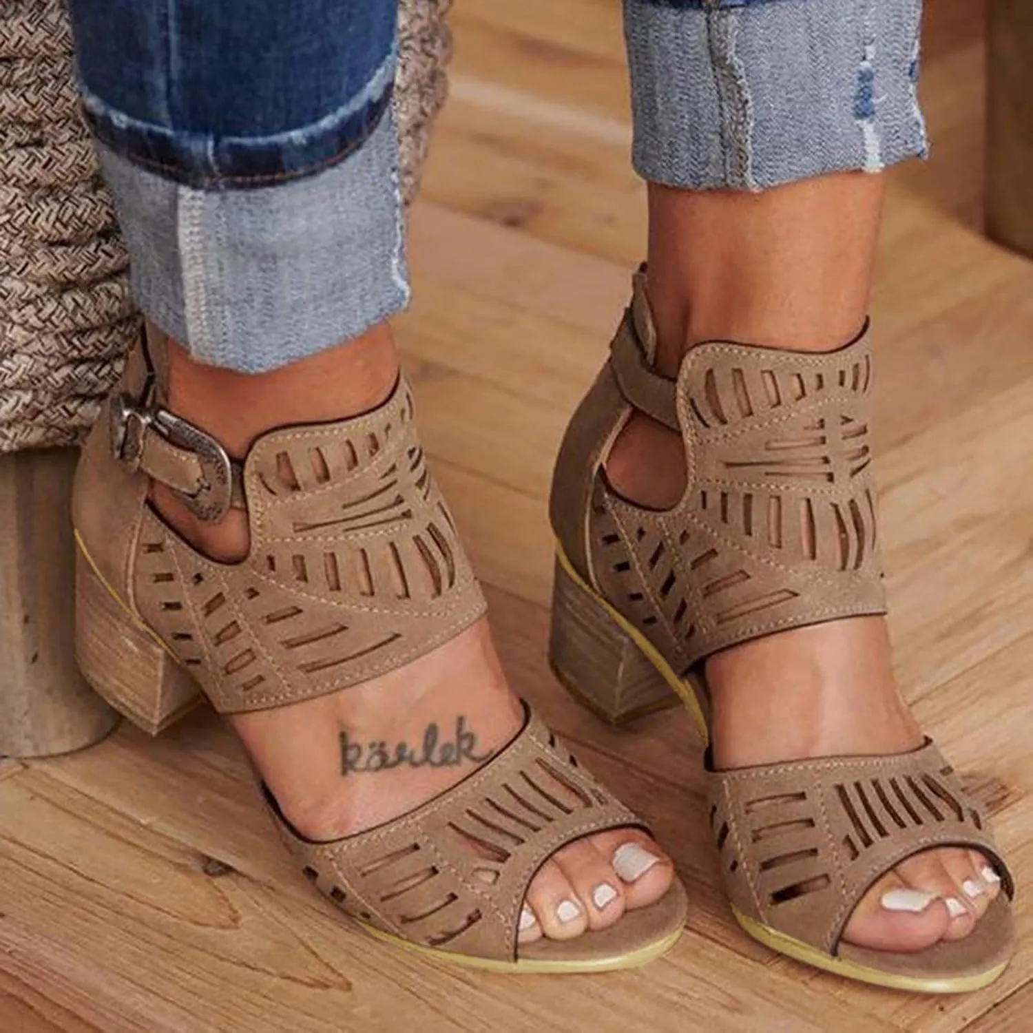 Eduavar Sandals for Women Dressy Summer, Wedge Sandals for Women Chunky Heel Sandals Open Toe Hollow Out Ankle Strap Sandals