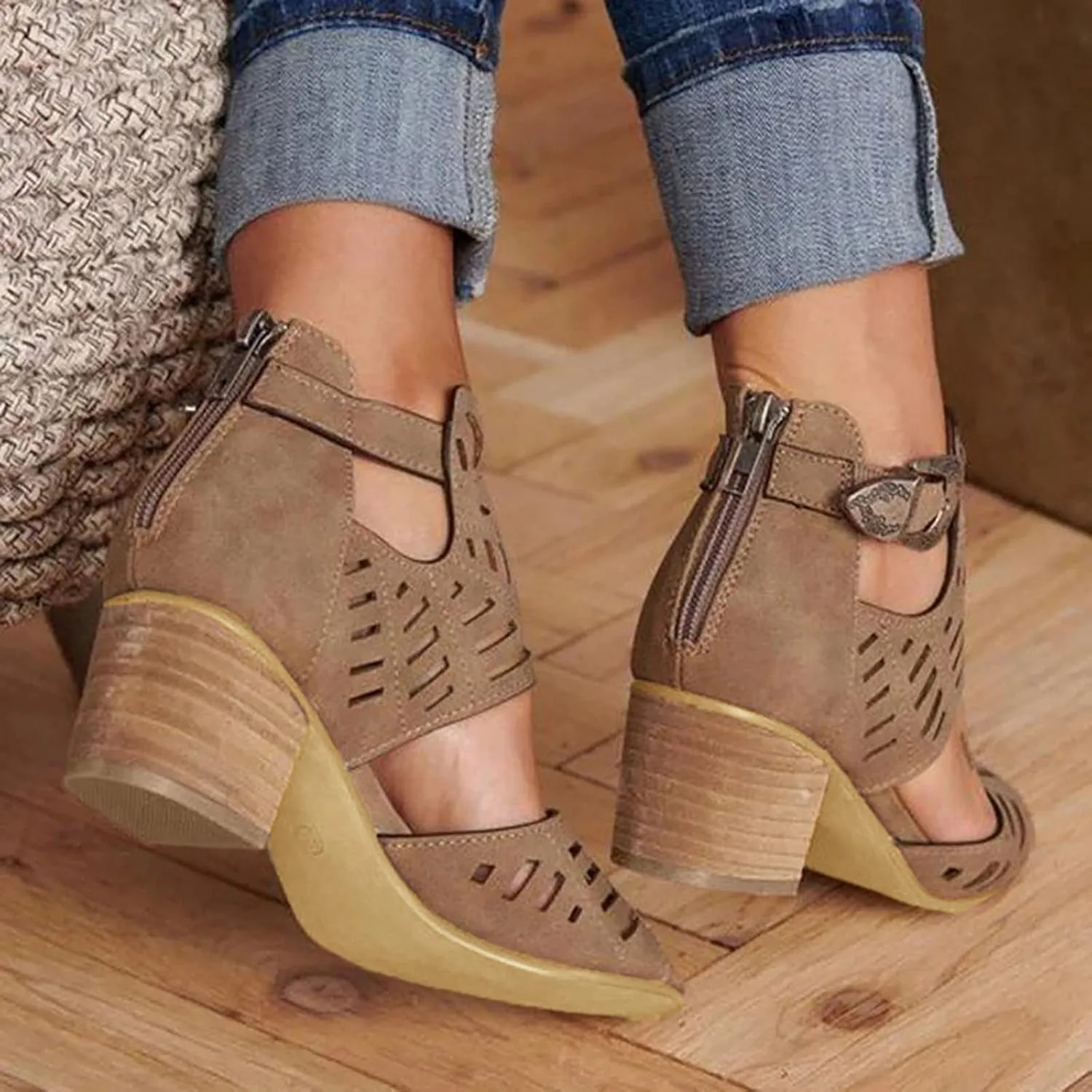 Eduavar Sandals for Women Dressy Summer, Wedge Sandals for Women Chunky Heel Sandals Open Toe Hollow Out Ankle Strap Sandals
