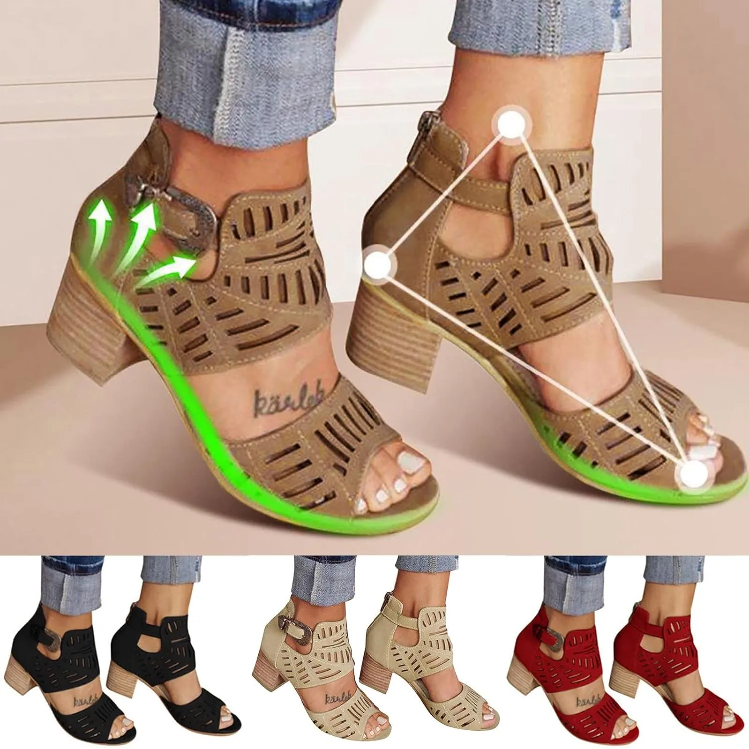 Eduavar Sandals for Women Dressy Summer, Wedge Sandals for Women Chunky Heel Sandals Open Toe Hollow Out Ankle Strap Sandals