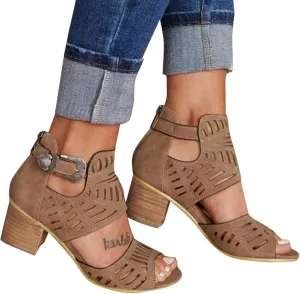 Eduavar Sandals for Women Dressy Summer, Wedge Sandals for Women Chunky Heel Sandals Open Toe Hollow Out Ankle Strap Sandals