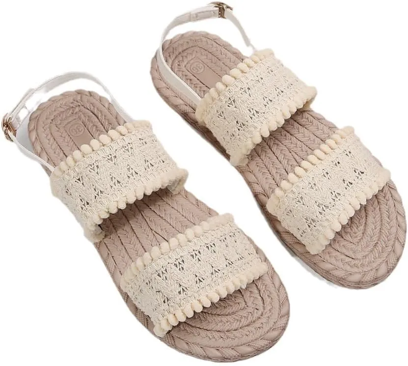Espadrilles Rattan Sandals for Women Platform Raffia Sandals Straw Woven Slingback Dress Shoes Slip on House Slippers Lightweight Breathable Open Toe Casual Walking Slides Summer Beach Party Vacation