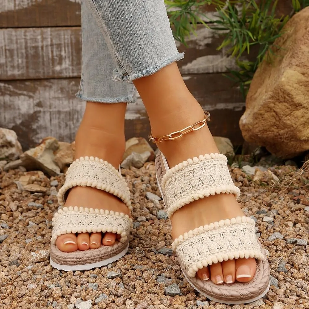 Espadrilles Rattan Sandals for Women Platform Raffia Sandals Straw Woven Slingback Dress Shoes Slip on House Slippers Lightweight Breathable Open Toe Casual Walking Slides Summer Beach Party Vacation