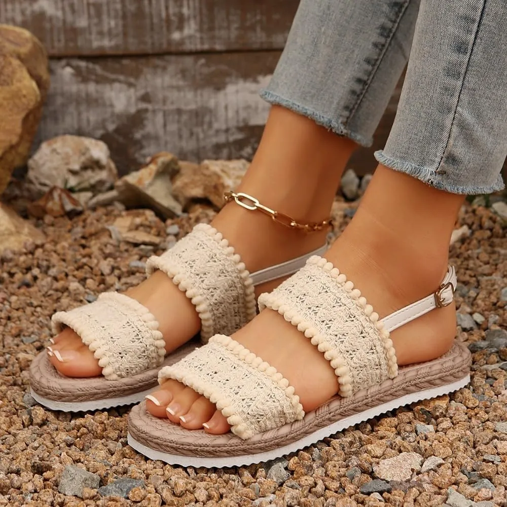 Espadrilles Rattan Sandals for Women Platform Raffia Sandals Straw Woven Slingback Dress Shoes Slip on House Slippers Lightweight Breathable Open Toe Casual Walking Slides Summer Beach Party Vacation