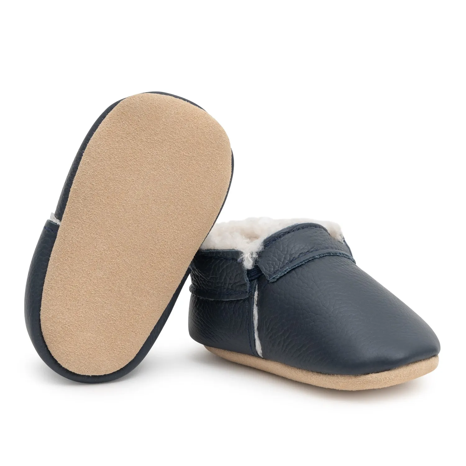 Fringeless Navy Sherpa Moccasins