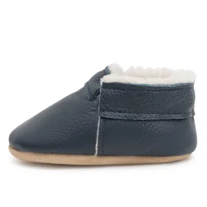 Fringeless Navy Sherpa Moccasins