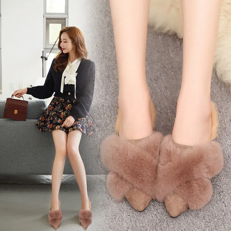 Furry Slides for Women Winter Outdoor Flock Flat Soft Mules Pantoufle Femme Rasteiras Shoes Slides Zapatillas De Casa Mujer Buty