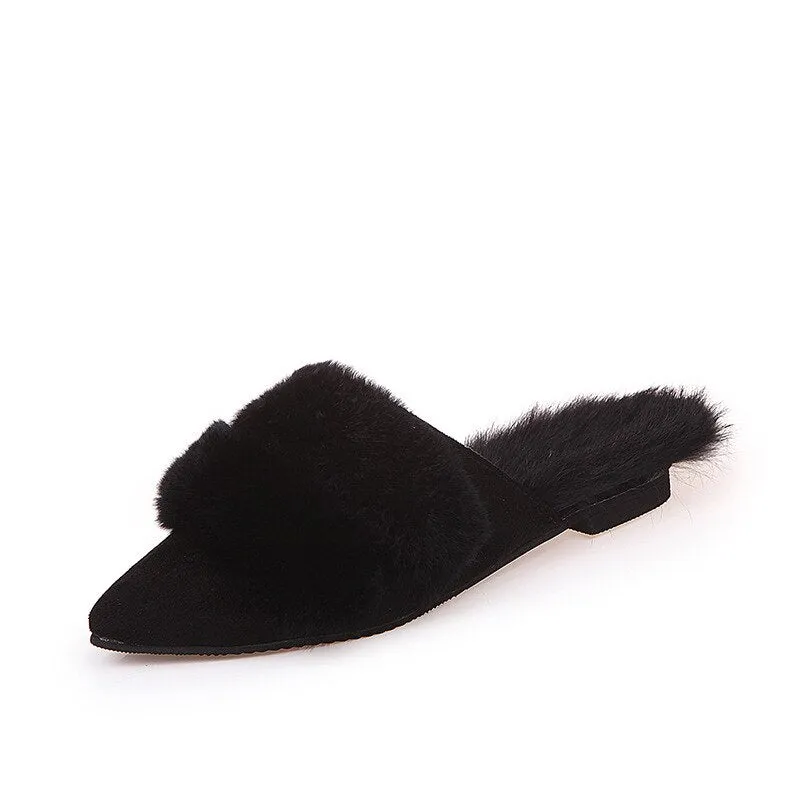 Furry Slides for Women Winter Outdoor Flock Flat Soft Mules Pantoufle Femme Rasteiras Shoes Slides Zapatillas De Casa Mujer Buty