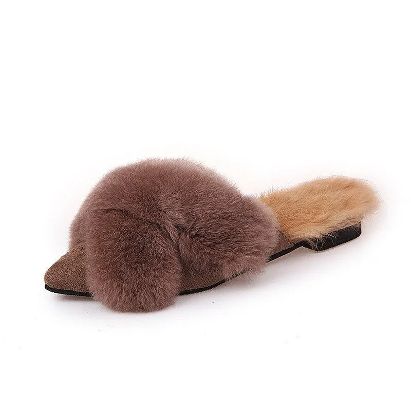 Furry Slides for Women Winter Outdoor Flock Flat Soft Mules Pantoufle Femme Rasteiras Shoes Slides Zapatillas De Casa Mujer Buty