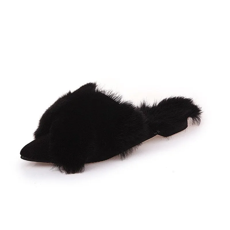 Furry Slides for Women Winter Outdoor Flock Flat Soft Mules Pantoufle Femme Rasteiras Shoes Slides Zapatillas De Casa Mujer Buty