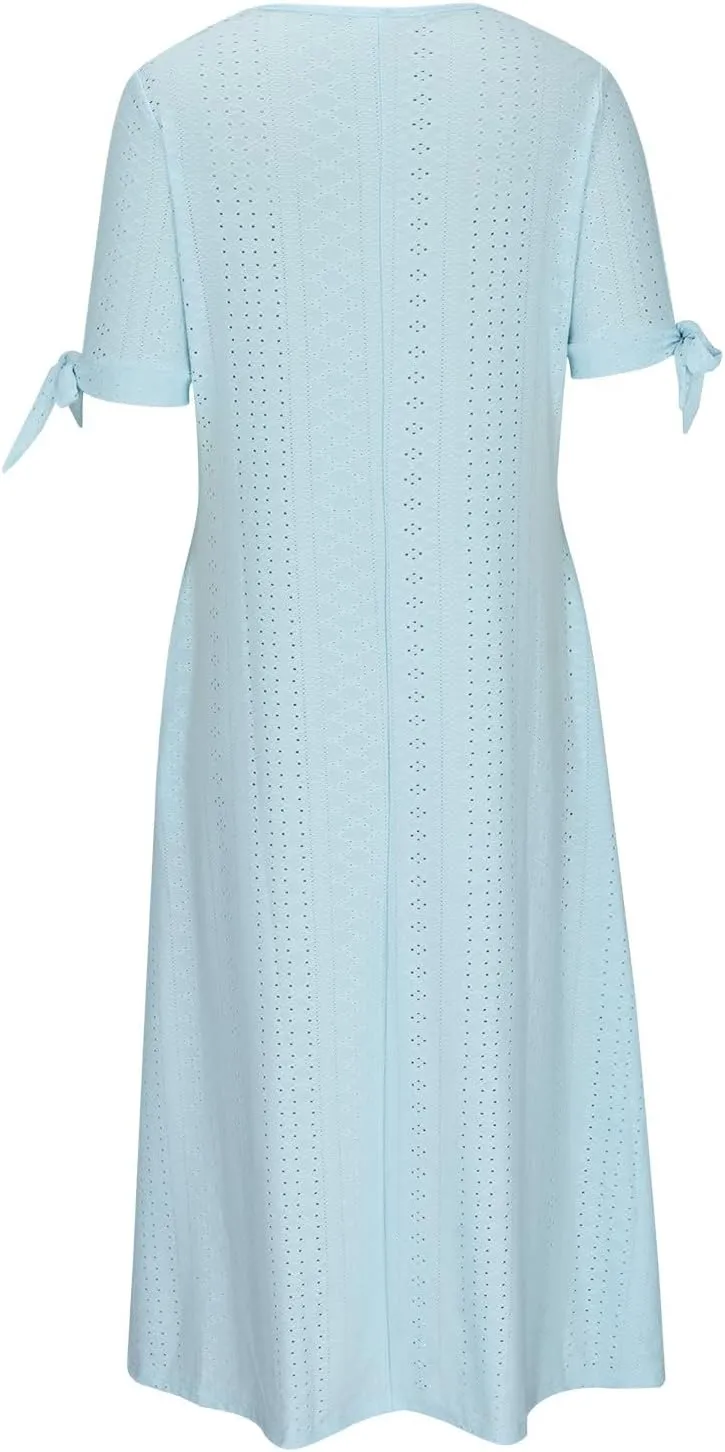 FZYLQY Summer Dresses for Womens 2024 Fashion Hollow Out Sundress Short Sleeve V Neck Dress Button Ruffle Flowy A-Line Dress